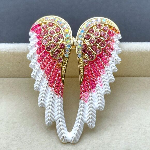 Yellow Gold with Pink Sapphire and AB Crystal Enamel Angel Wing Pin Back Brooch - Picture 7 of 9